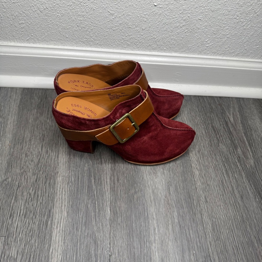 Kork-Ease Burgundy Suede Leather Buckle Mules Clogs Womens 9M Block‎ Heel - Picture 4 of 8